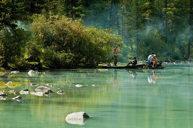 Purchase print of four fishermen on Lake Kucherla